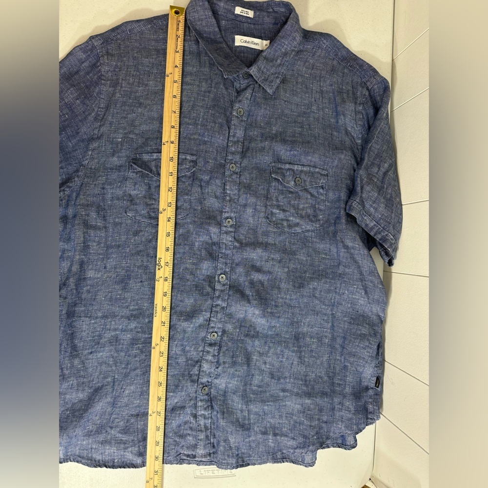 Calvin Klein Mens XXL 100% Linen Shirt Short Sleeve Button Up Blue Lightweight - Picture 10 of 11